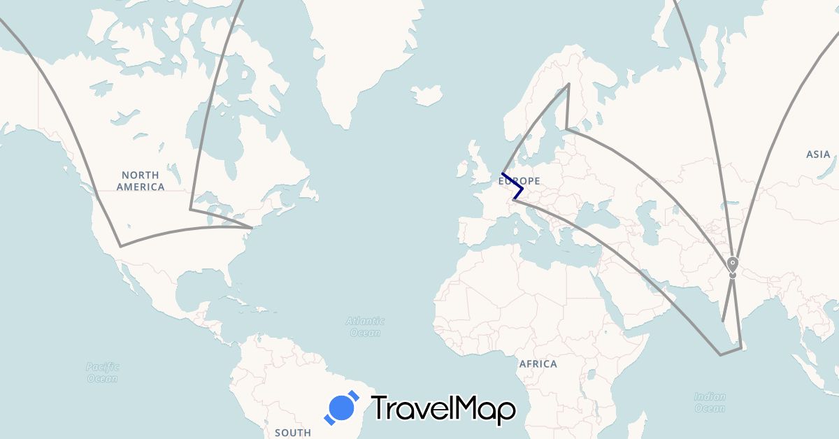 TravelMap itinerary: driving, plane in Switzerland, Germany, Finland, India, Sri Lanka, Maldives, Netherlands, United States (Asia, Europe, North America)
